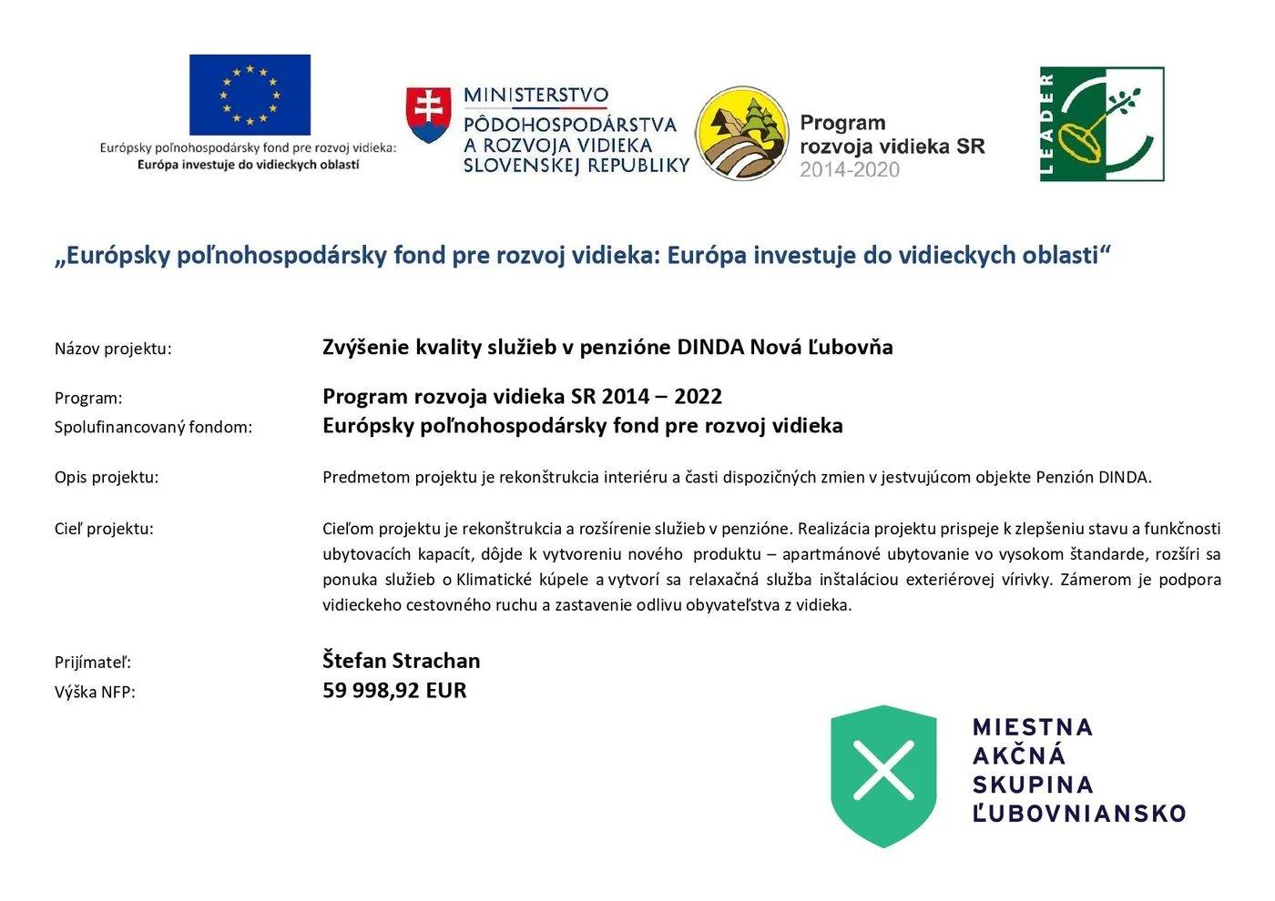 Projekt: Zvýšenie kvality služieb v penzióne Dinda — Európsky poľnohospodársky fond pre rozvoj vidieka